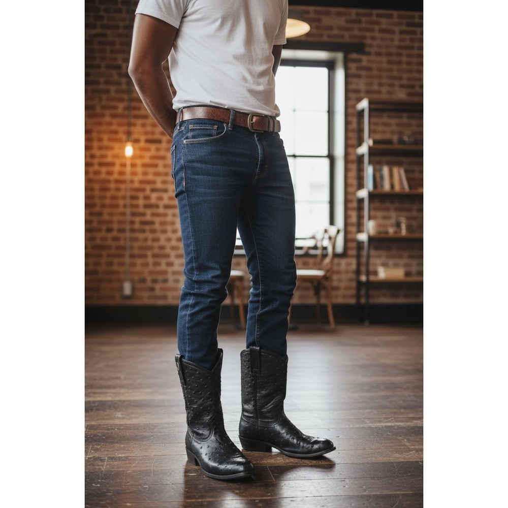 Rogers Boots Men's 10.5 Black‎ Full Ostritch Print Leather Ropers Western Boots